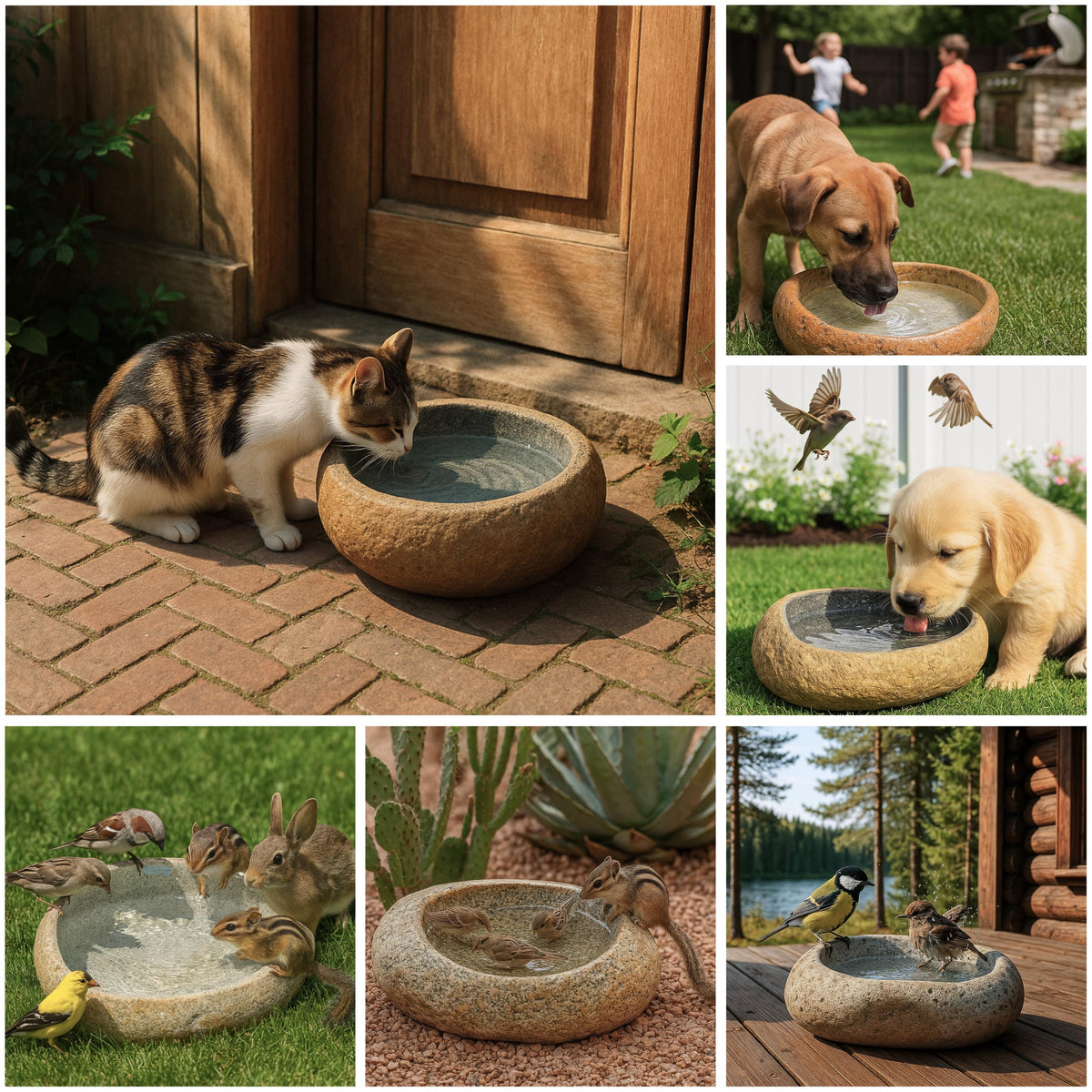 Natural Stone Bird Bath & Pet Water Bowl – natural stone bird and wildlife accessory – alternate view