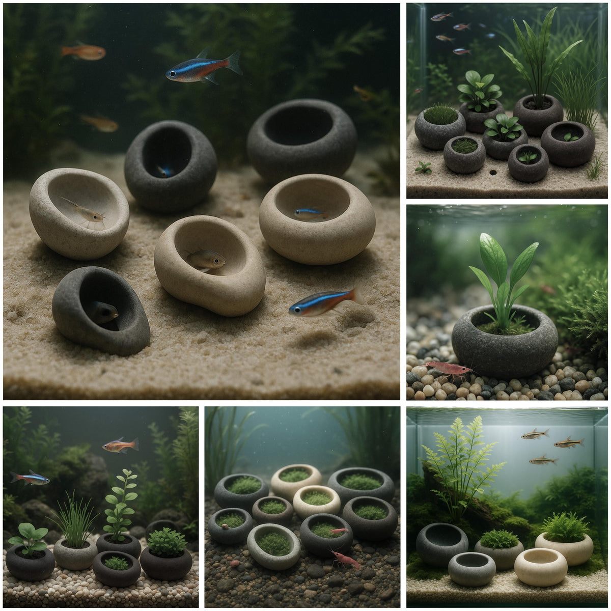 Handmade Mini Stone Aquarium Plant Holder – natural stone aquarium accessory – detail view