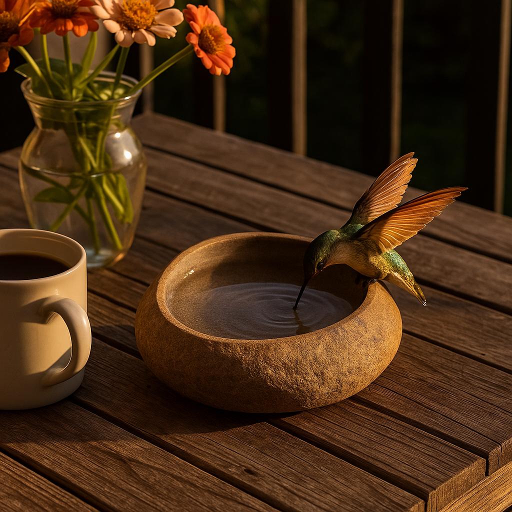 Natural Stone Hummingbird Bath & Feeder Bowl – natural stone bird and wildlife accessory – alternate view