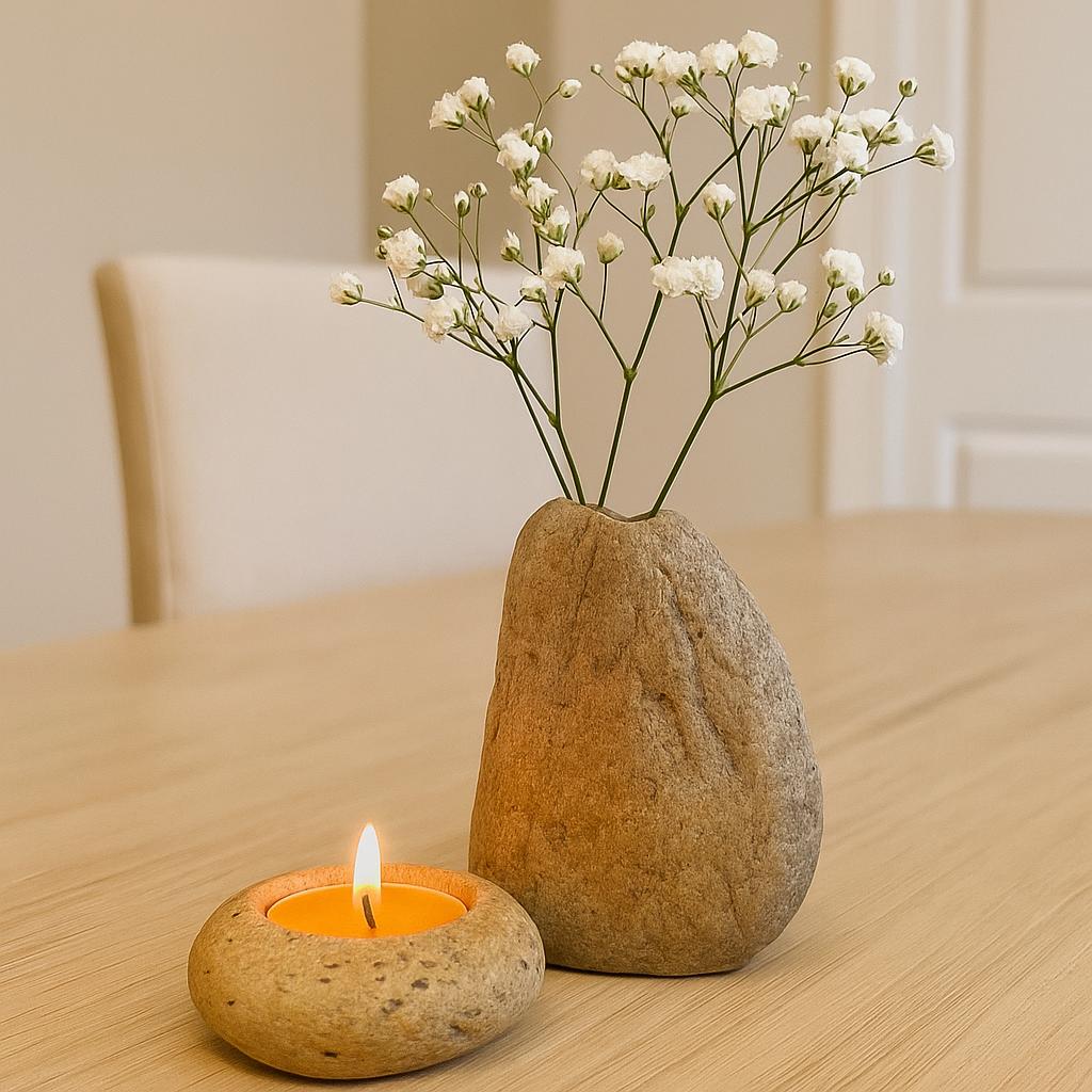 Mini River Stone Vase Natural Pebble Flower Holder Wabi Sabi – natural stone planter or floral display – product detail