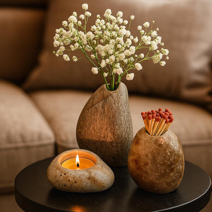 Mini River Stone Vase Natural Pebble Flower Holder Wabi Sabi – natural stone planter or floral display – alternate view