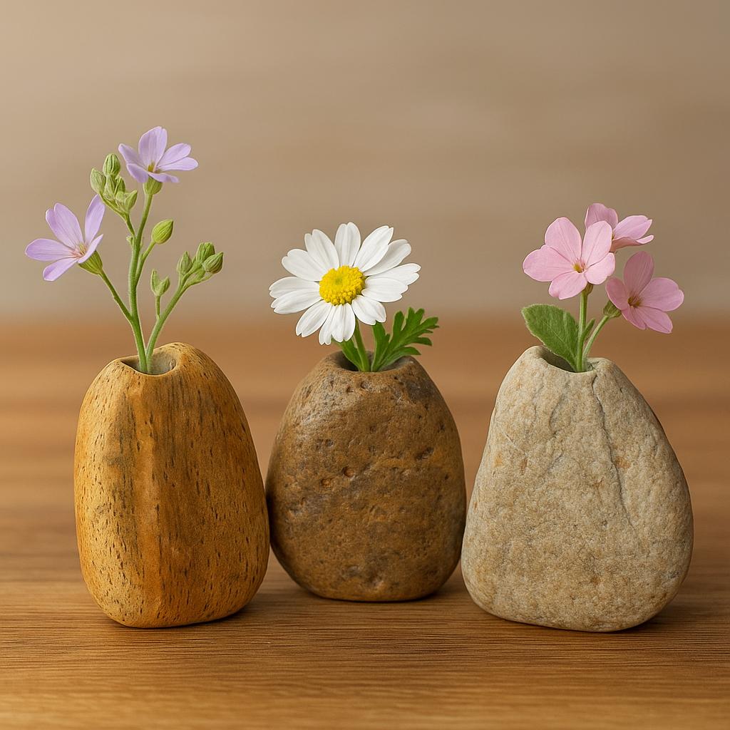 Mini River Stone Vase Natural Pebble Flower Holder Wabi Sabi – natural stone planter or floral display – product detail