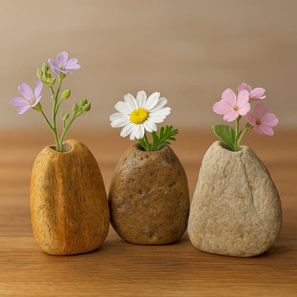 Mini River Stone Vase Natural Pebble Flower Holder Wabi Sabi – natural stone planter or floral display – product detail