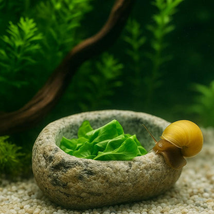 Snail Feeding Stone Bowl – natural stone aquarium accessory – product detail
