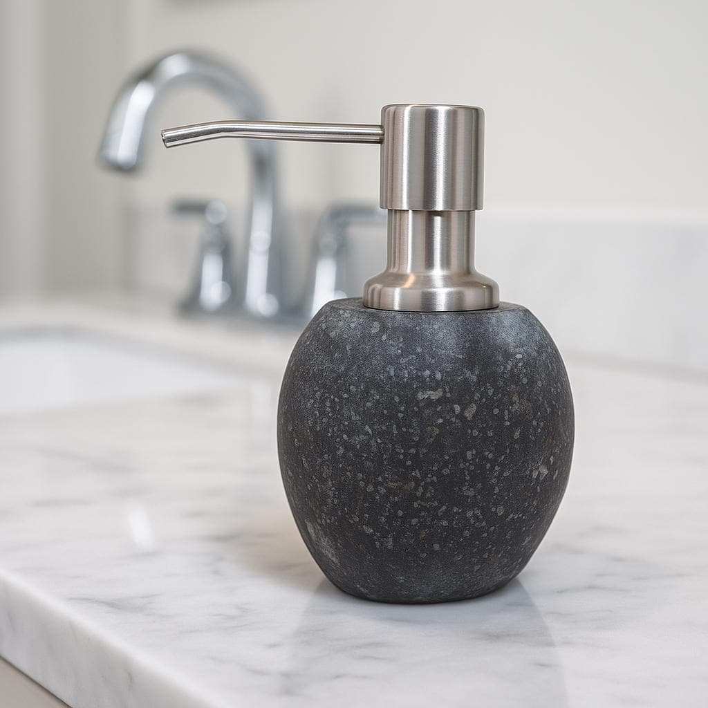 Natural River Stone Soap Dispenser For Bathroom – natural stone bathroom accessory – detail view