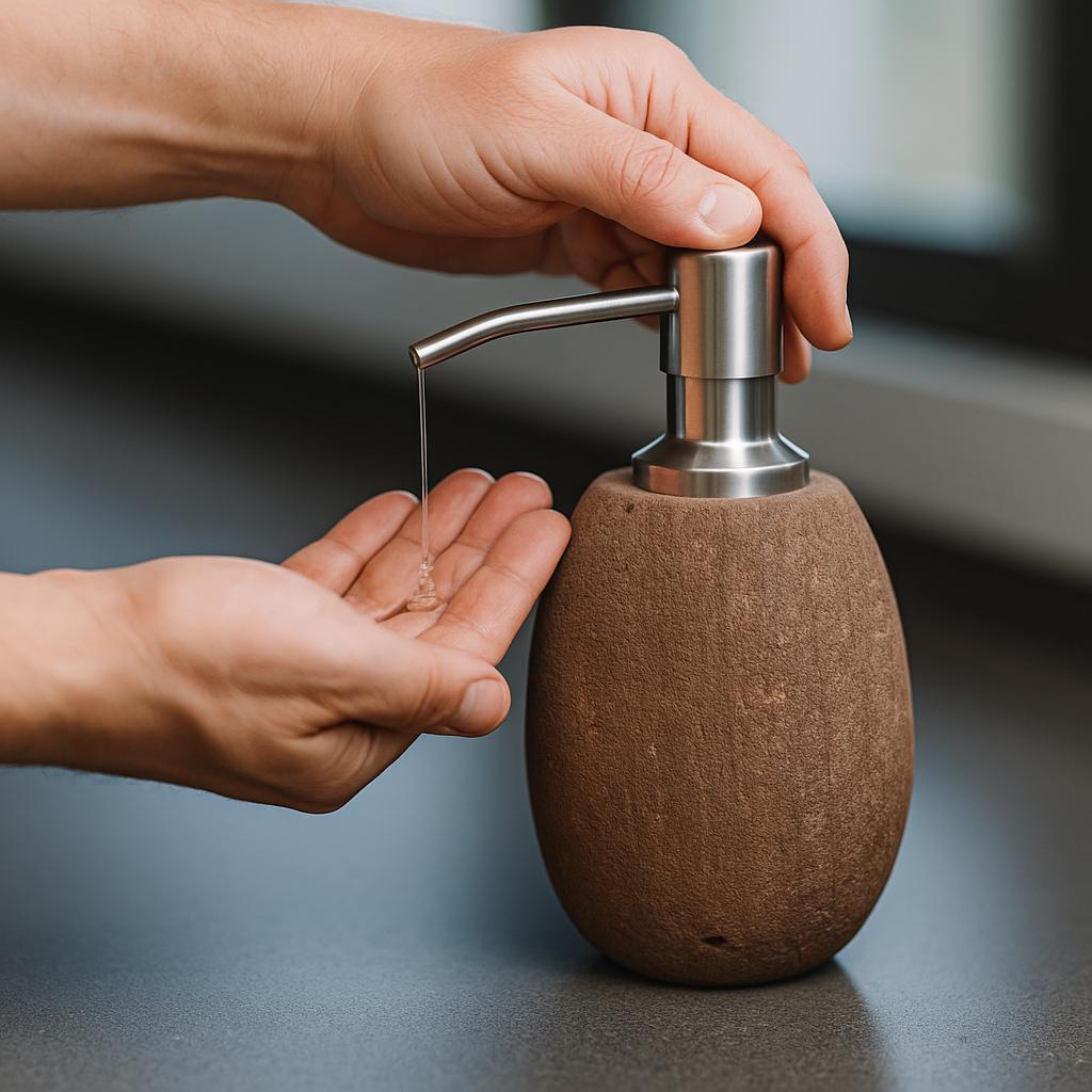 Natural River Stone Soap Dispenser For Bathroom – natural stone bathroom accessory – alternate view