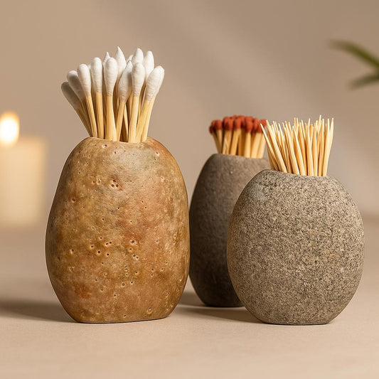 Natural River Stone Toothpick & Match Holder – natural stone mindful home accent – alternate product view