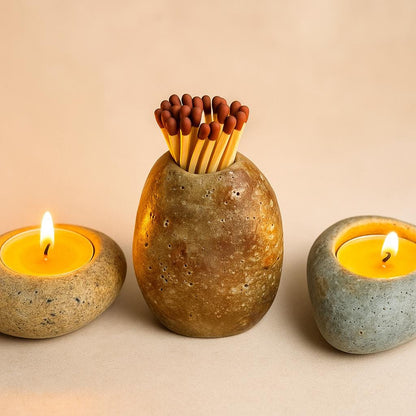 Natural River Stone Match Holder – natural stone mindful home accent – alternate angle