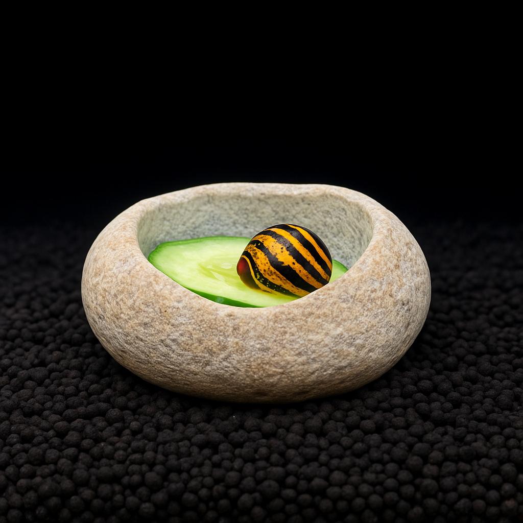 Snail Feeding Stone Bowl – natural stone aquarium accessory – alternate angle