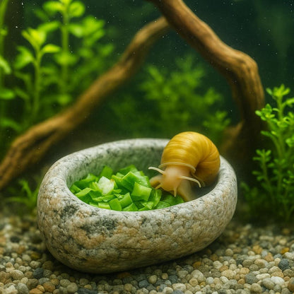 Snail Feeding Stone Bowl – natural stone aquarium accessory – detail view