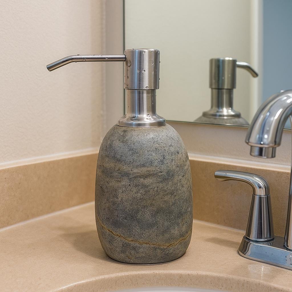 Natural River Stone Soap Dispenser For Bathroom – natural stone bathroom accessory – alternate view