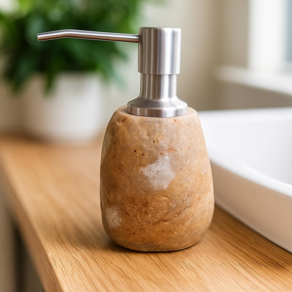 Natural River Stone Soap Dispenser For Bathroom – natural stone bathroom accessory – alternate angle