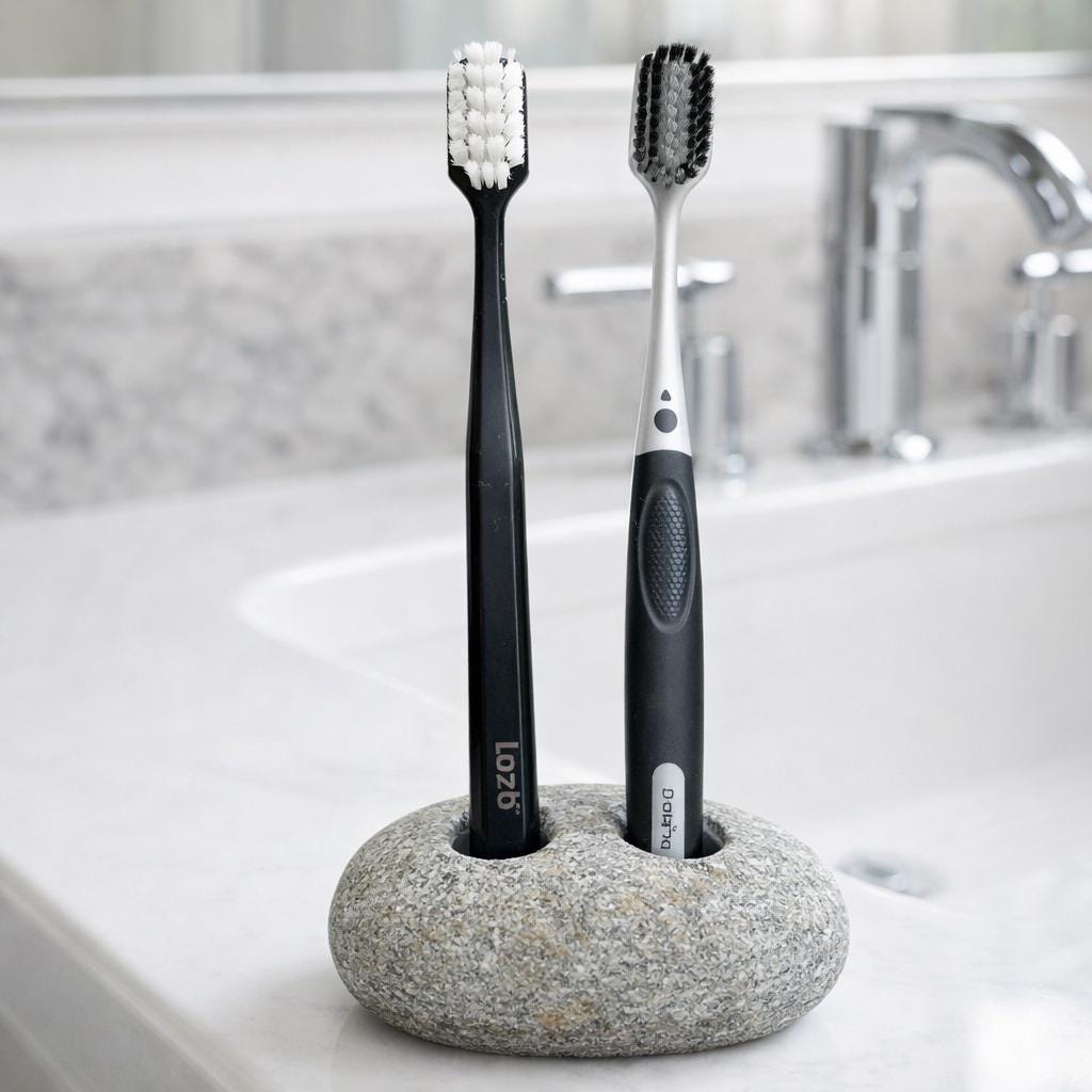 Double Pebble Toothbrush Holder – natural stone bathroom accessory – detail view