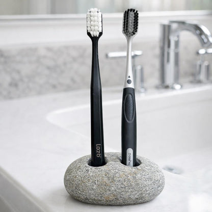 Double Pebble Toothbrush Holder – natural stone bathroom accessory – detail view