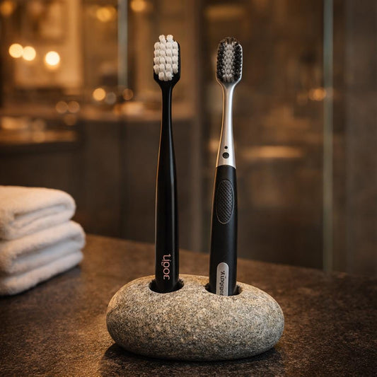 Double Pebble Toothbrush Holder – natural stone bathroom accessory – alternate product view