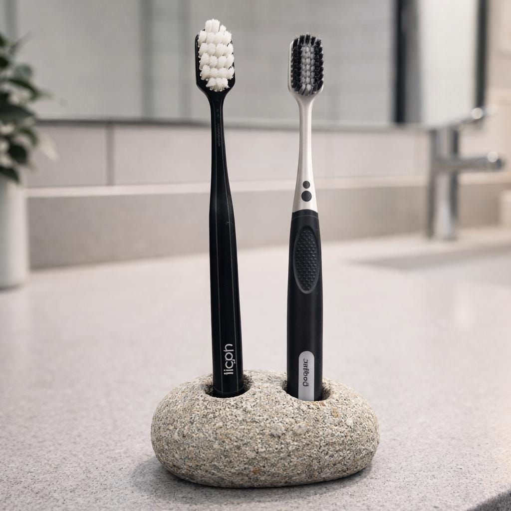 Double Pebble Toothbrush Holder – natural stone bathroom accessory – alternate angle