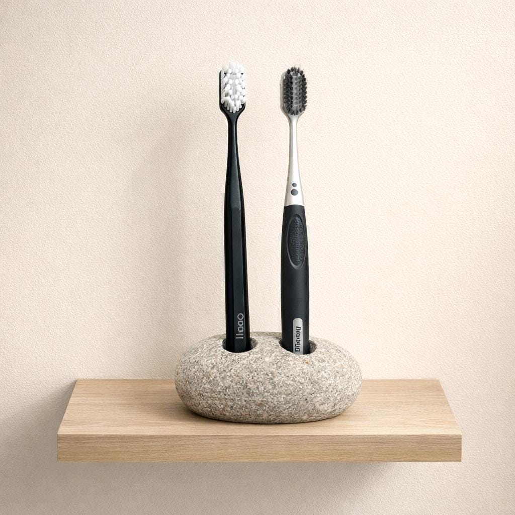 Double Pebble Toothbrush Holder – natural stone bathroom accessory – alternate angle