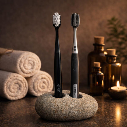 Double Pebble Toothbrush Holder – natural stone bathroom accessory – alternate view