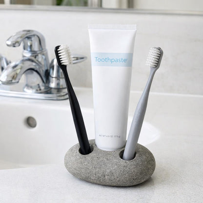 Natural Stone 2-Toothbrush & Toothpaste Holder – natural stone bathroom accessory – primary product view