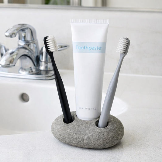 Natural Stone 2-Toothbrush & Toothpaste Holder – natural stone bathroom accessory – primary product view