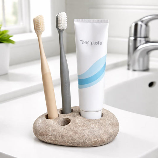 Natural Stone 3-Toothbrush & Toothpaste Holder – natural stone bathroom accessory – alternate product view