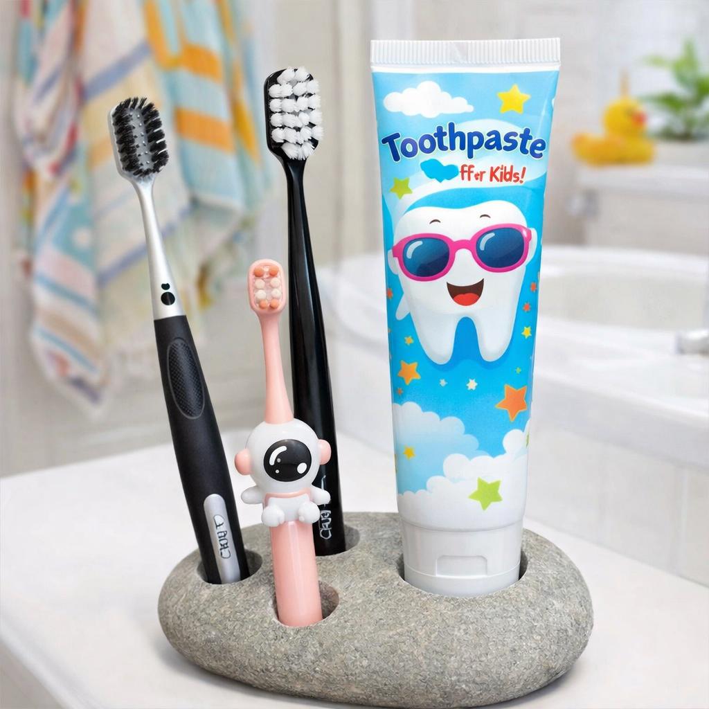 Natural Stone 3-Toothbrush & Toothpaste Holder – natural stone bathroom accessory – product detail