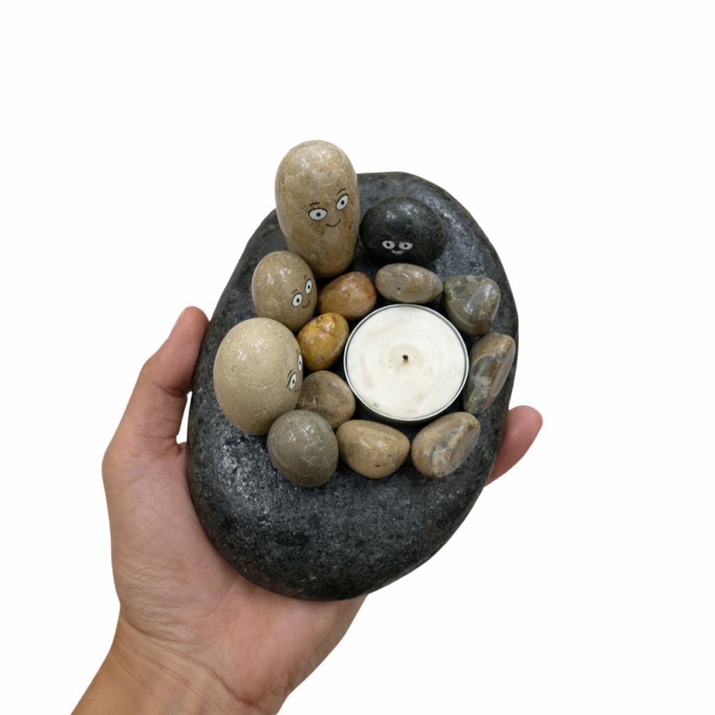 Hand Painted Pebble Candle Holder – natural stone mindful home accent – alternate angle