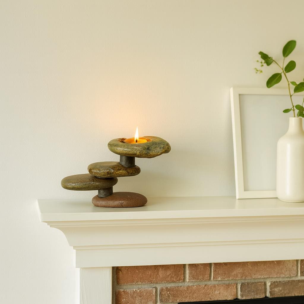 Handmade River Stone Candle Holder – natural stone mindful home accent – alternate angle