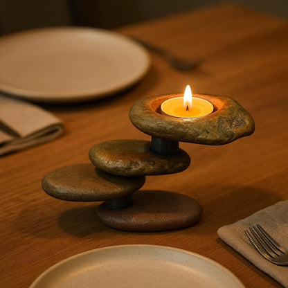 Handmade River Stone Candle Holder – natural stone mindful home accent – detail view