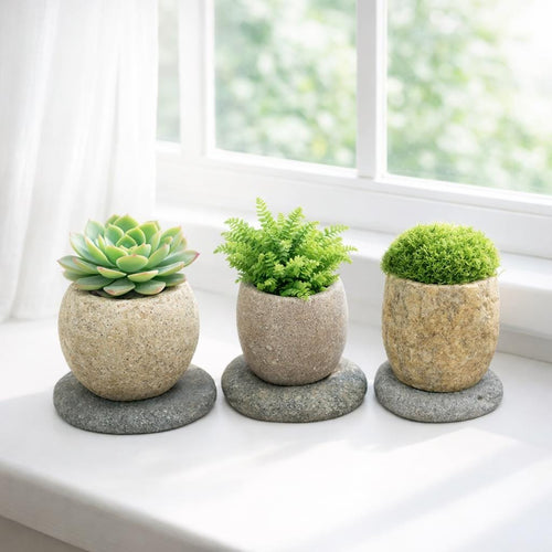 Succulent Planter — Natural River Stone Desk Pot With Base – natural stone planter or floral display – primary product view
