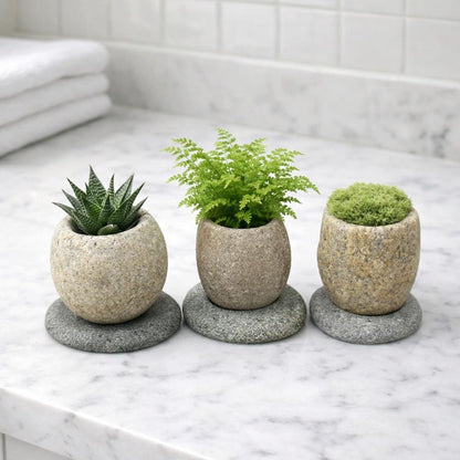 Succulent Planter — Natural River Stone Desk Pot With Base – natural stone planter or floral display – alternate angle