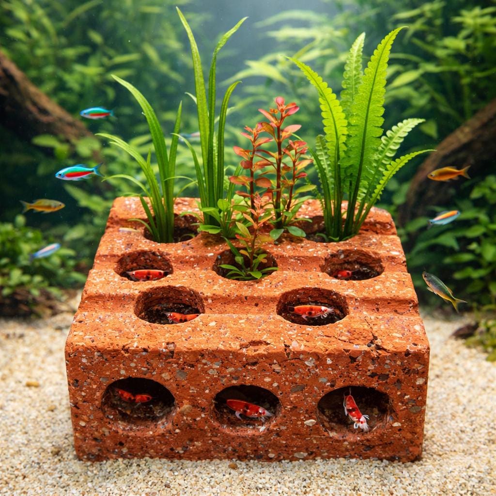 Aquarium Planter Brick With Shrimp Cave – natural stone aquarium accessory – alternate angle