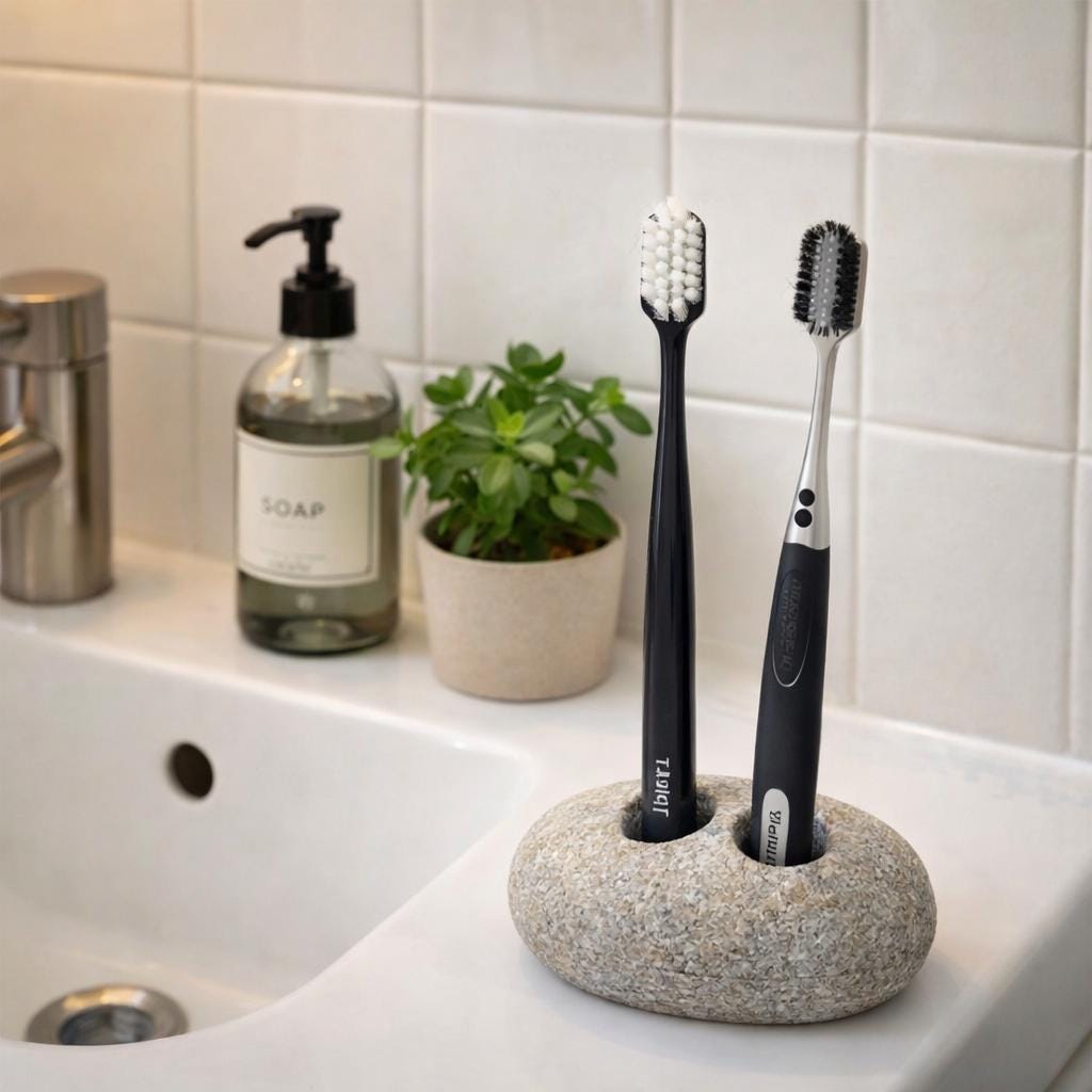 Double Pebble Toothbrush Holder – natural stone bathroom accessory – product detail