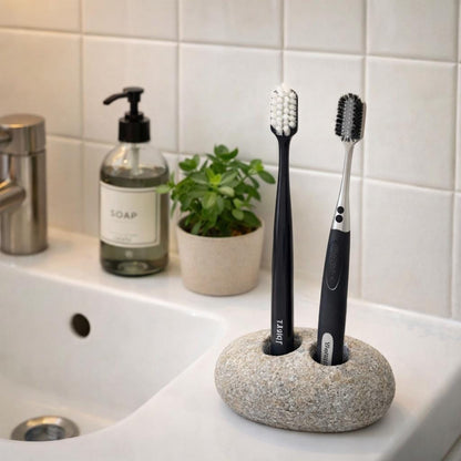 Double Pebble Toothbrush Holder – natural stone bathroom accessory – product detail