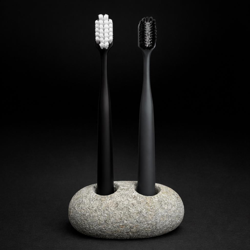 Double Pebble Toothbrush Holder – natural stone bathroom accessory – product detail