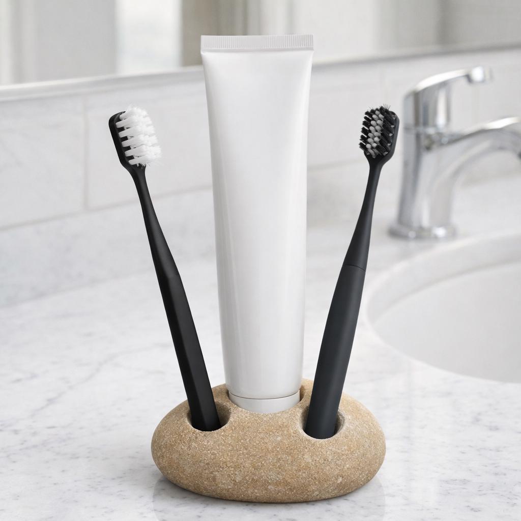 Natural Stone 2-Toothbrush & Toothpaste Holder – natural stone bathroom accessory – alternate angle