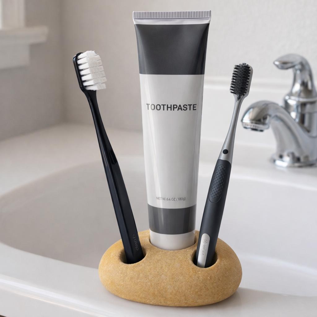 Natural Stone 2-Toothbrush & Toothpaste Holder – natural stone bathroom accessory – detail view