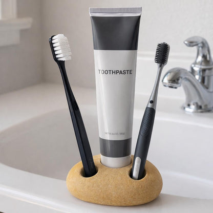 Natural Stone 2-Toothbrush & Toothpaste Holder – natural stone bathroom accessory – detail view