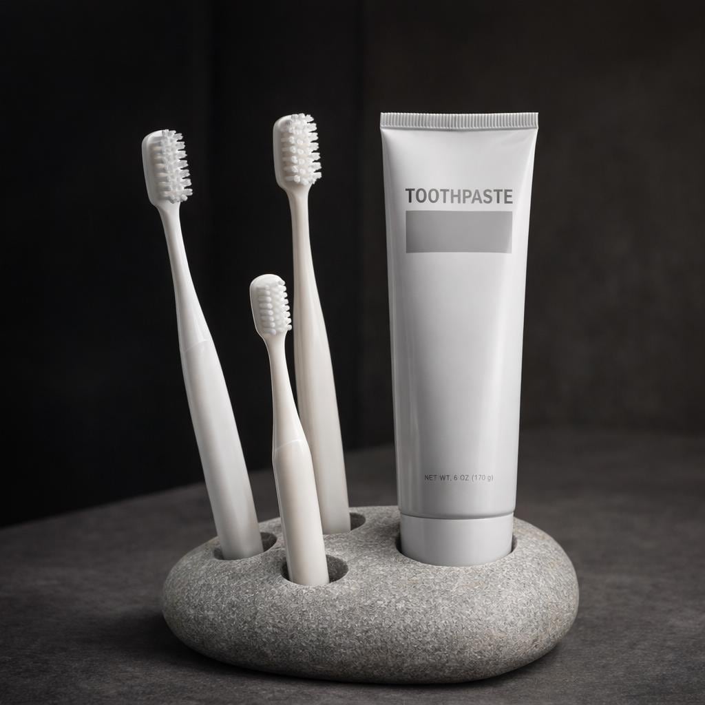 Natural Stone 3-Toothbrush & Toothpaste Holder – natural stone bathroom accessory – alternate view