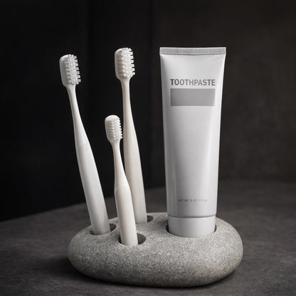 Natural Stone 3-Toothbrush & Toothpaste Holder – natural stone bathroom accessory – alternate view