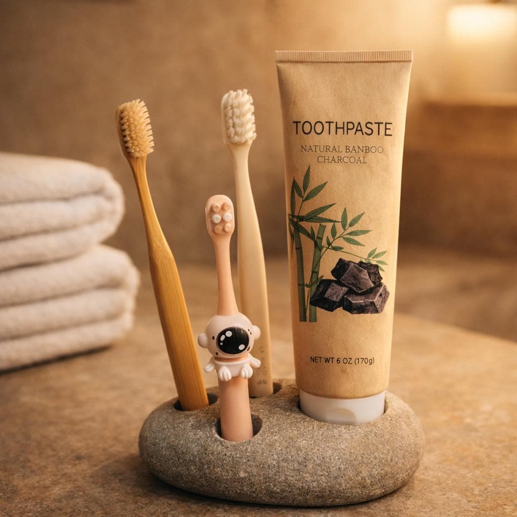 Natural Stone 3-Toothbrush & Toothpaste Holder – natural stone bathroom accessory – detail view