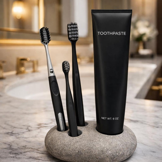 Natural Stone 3-Toothbrush & Toothpaste Holder – natural stone bathroom accessory – primary product view