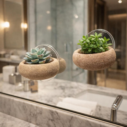 Mini Stone Succulent Planter With Suction Cup – natural stone planter or floral display – detail view