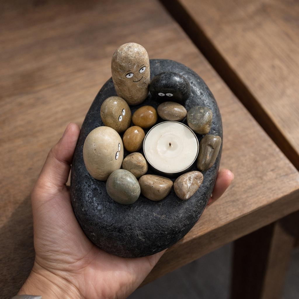 Hand Painted Pebble Candle Holder – natural stone mindful home accent – alternate angle