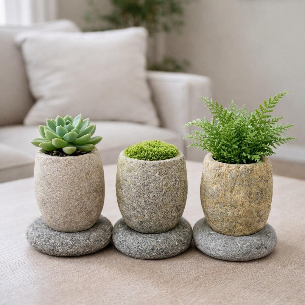 Succulent Planter — Natural River Stone Desk Pot With Base – natural stone planter or floral display – product detail