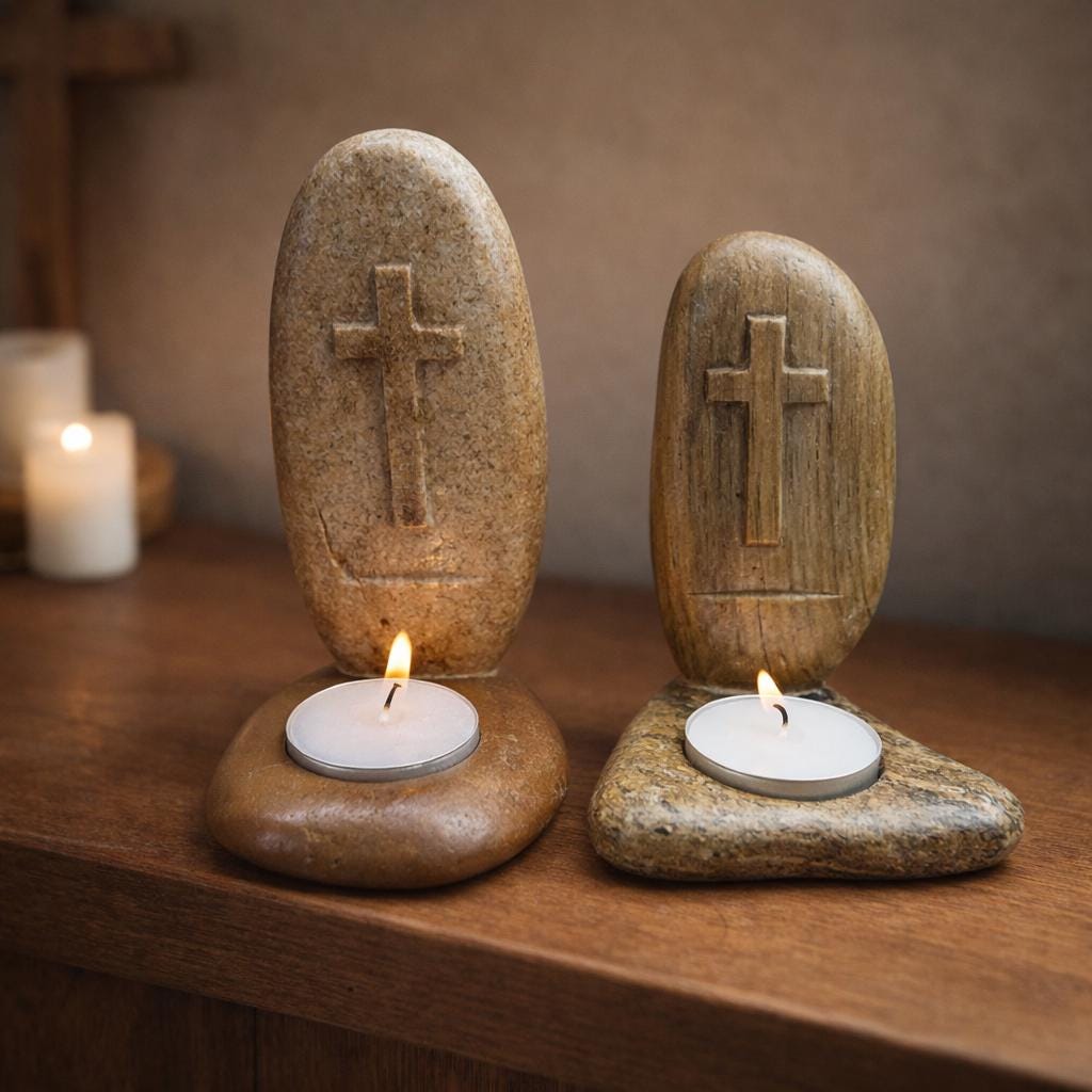 Christian Cross Stone Tealight Candle Holder – natural stone mindful home accent – product detail