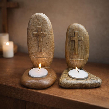 Christian Cross Stone Tealight Candle Holder – natural stone mindful home accent – product detail