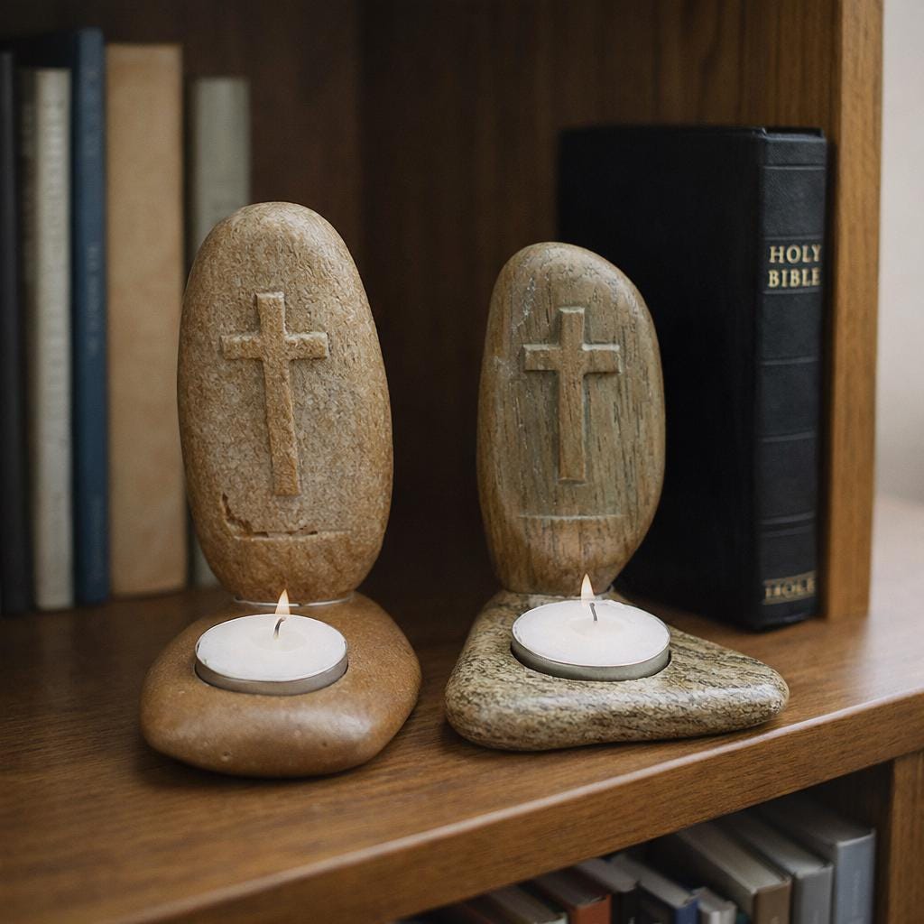 Christian Cross Stone Tealight Candle Holder – natural stone mindful home accent – product detail