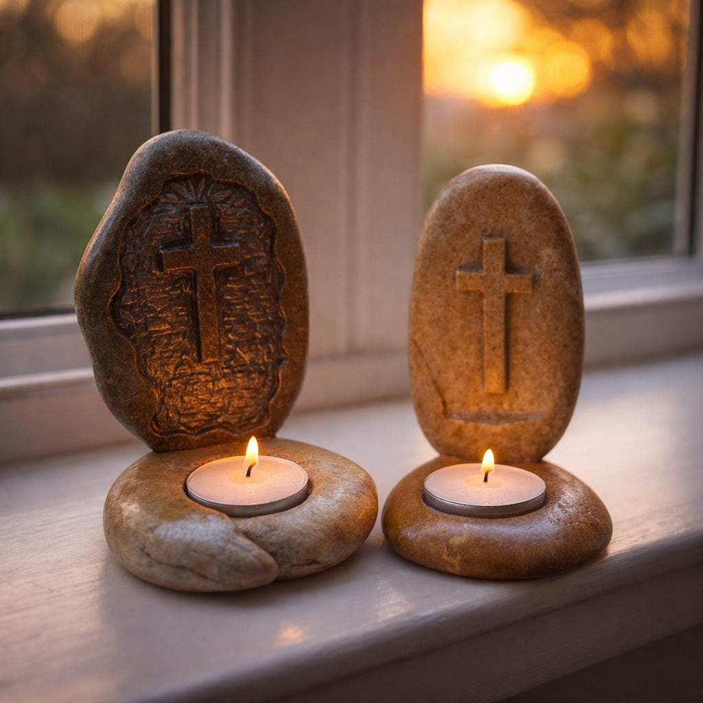 Christian Cross Stone Tealight Candle Holder – natural stone mindful home accent – alternate angle
