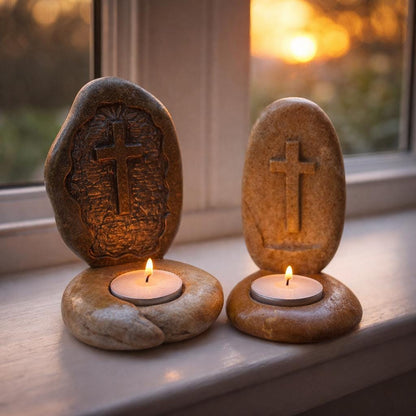 Christian Cross Stone Tealight Candle Holder – natural stone mindful home accent – alternate angle